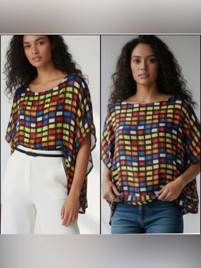 Vintage Silk 100% Technicolor Geometric Multicolor Semi Sheer Top Medium